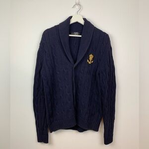 Cable Knit Cardigan Sweater Navy Blue Anchor Crest Fisherman Large Simons Cotton